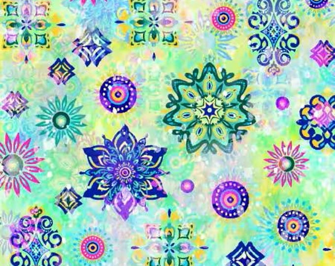 Fantasia Medallions Aqua Fabric Yardage, Oasis Fabrics, Cotton Quilt Fabric, Floral Fabric