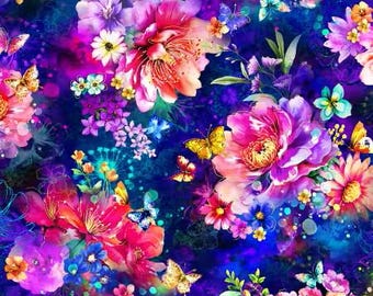 Fantasia Large Floral Blue Fabric Yardage, Oasis Fabrics, Cotton Quilt Fabric, Floral Fabric