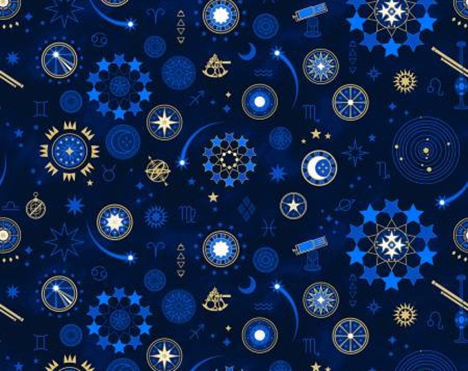 Signs from Above Navy Celestial Motifs w/Metallic Fabric Yardage, Salt Meadow Studios, Henry Glass, Cotton Quilting Fabric, Celestial Fabric