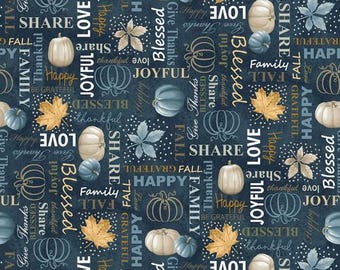 Autumn Vibes Navy Words Fabric Yardage, Running Wild Art Studio, Blank Quilting, Cotton Quilt Fabric, Autumn Fabric