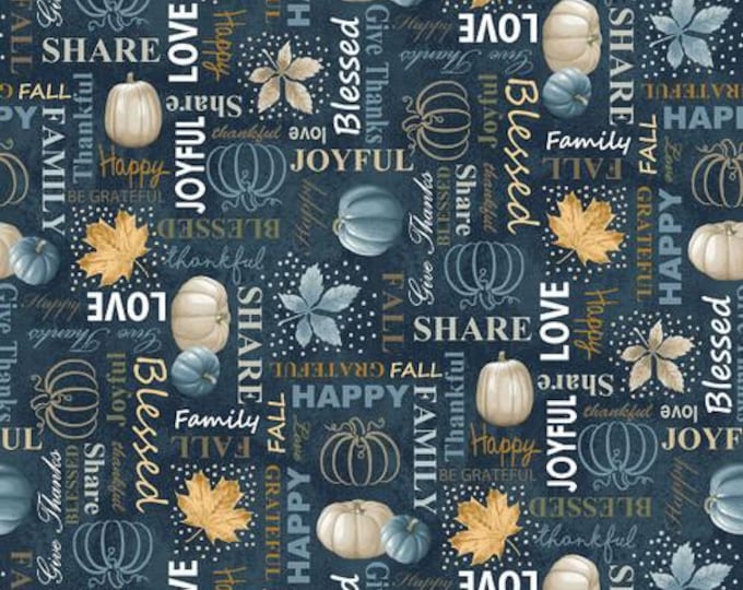 Autumn Vibes Navy Words Fabric Yardage, Running Wild Art Studio, Blank Quilting, Cotton Quilt Fabric, Autumn Fabric