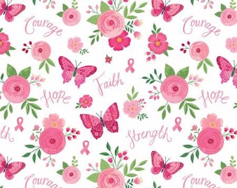 Strength in Pink Main White Fabric Yardage, RBD Collection, Riley Blake Designs, Cotton Quilt Fabric, Floral Fabric