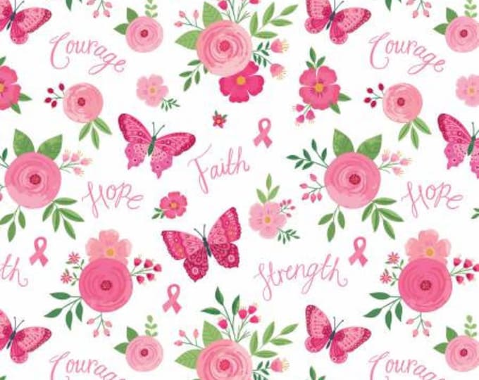 Strength in Pink Main White Fabric Yardage, RBD Collection, Riley Blake Designs, Cotton Quilt Fabric, Floral Fabric