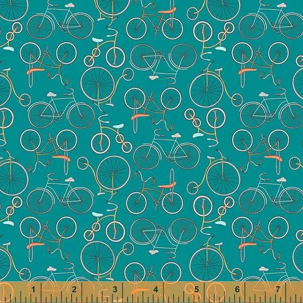 Be My Neighbor Teal Bicycles Fabric Yardage, Terri Degenkolb, Windham, Cotton Quilt Fabric, House Fabric