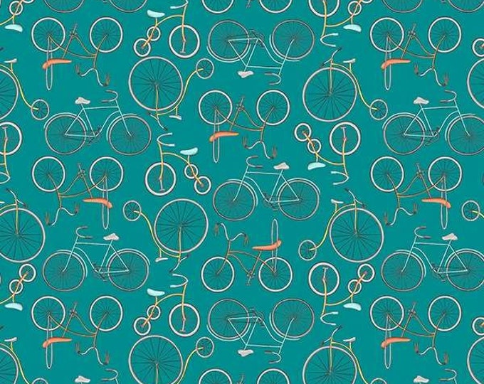 Be My Neighbor Teal Bicycles Fabric Yardage, Terri Degenkolb, Windham, Cotton Quilt Fabric, House Fabric