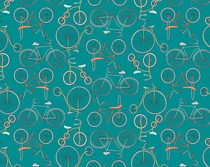 Be My Neighbor Teal Bicycles Fabric Yardage, Terri Degenkolb, Windham, Cotton Quilt Fabric, House Fabric