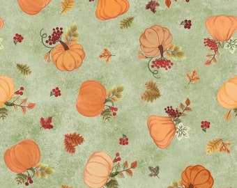 Hello Autumn Light Green Tossed Pumpkins Fabric Yardage, Monique Jacobs, Maywood Studio, Cotton Quilt Fabric, Autumn Fabric