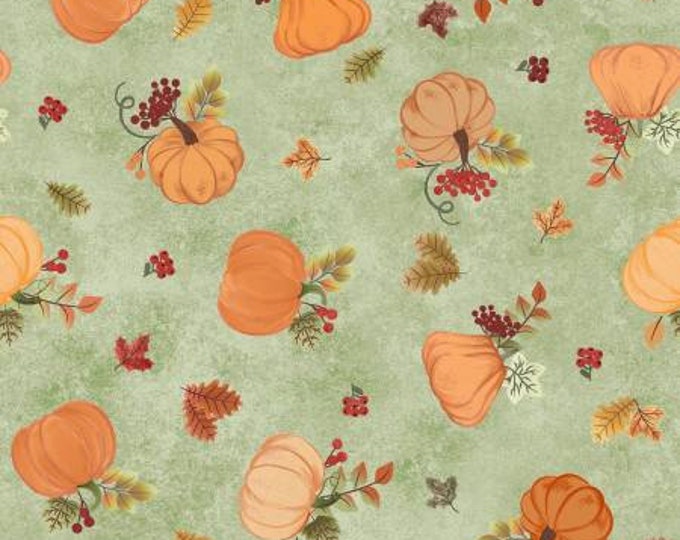 Hello Autumn Light Green Tossed Pumpkins Fabric Yardage, Monique Jacobs, Maywood Studio, Cotton Quilt Fabric, Autumn Fabric