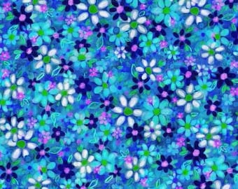 Flower to the Sun Blue Packed Flowers Blue Fabric Yardage, Robin Mead, P & B Textiles, Cotton Quilt Fabric, Floral Fabric