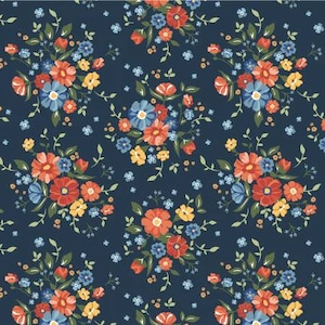 Puede incluir: Un patrón sin costuras con un diseño repetitivo de flores rojas, azules y amarillas sobre un fondo azul oscuro.