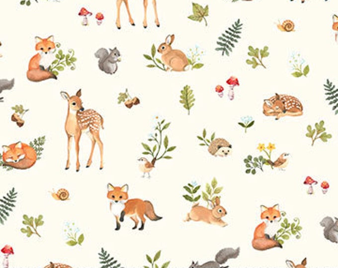 Woodland Babes Cream Multi Animals Fabric Yardage, Kathryn Christensen, Northcott Fabrics, Cotton Quilt Fabric
