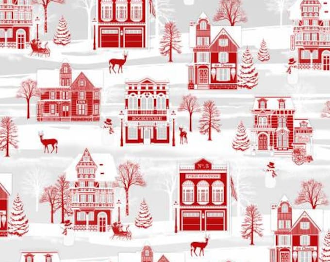 Remnant 1-1/2 Yards Holiday Lane Red/Grey Winter Village Fabric Yardage, Jan Shade Beach, Henry Glass, Cotton Quilt Fabric