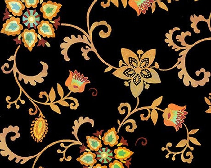 Mozambique Floral Jet Black Cotton Quilting Fabric, Floral Fabric, Quilting Treasures