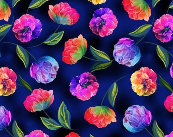 Luminous Blooms Flowers Navy Fabric Yardage, KANVAS Studio, Benartex, Cotton Quilt Fabric, Floral Fabric