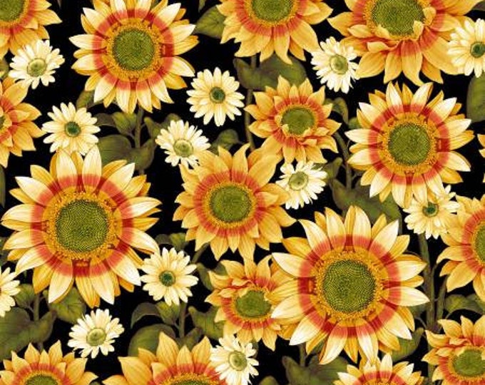 Pumpkin Harvest Black Sunflower Fabric Yardage, Color Principle Studio, Henry Glass, Cotton Quilt Fabric, Floral Fabric