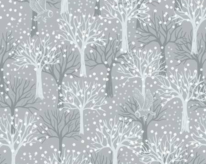 Secret Winter Garden Owl Orchard on Light Grey with Pearl Element Fabric Yardage, Lewis & Irene Fabrics, Cotton Quilt Fabric