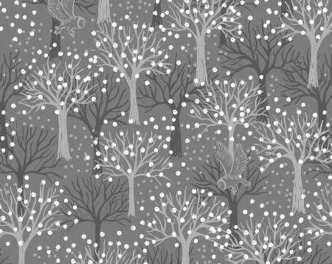 Secret Winter Garden Owl Orchard on Dark Grey with Pearl Element Fabric Yardage, Lewis & Irene Fabrics, Cotton Quilt Fabric