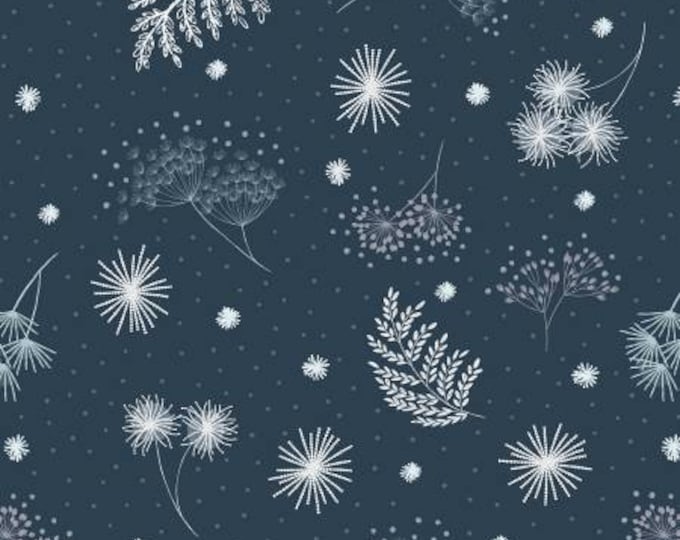 Secret Winter Garden Frosted Garden on Dark Blue with Pearl Element Fabric Yardage, Lewis & Irene Fabrics, Cotton Quilt Fabric