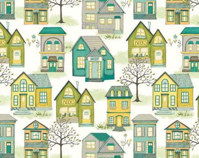 Remnant 1-Yard Be My Neighbor Ivory Houses Fabric Yardage, Terri Degenkolb, Windham, Cotton Quilt Fabric, House Fabric