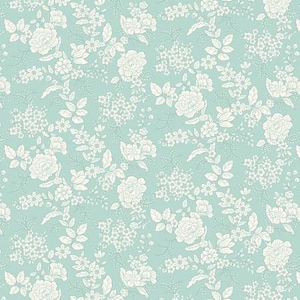 May include: A seamless pattern featuring white floral designs on a light blue background. The pattern includes various sizes and shapes of flowers, leaves, and stems.