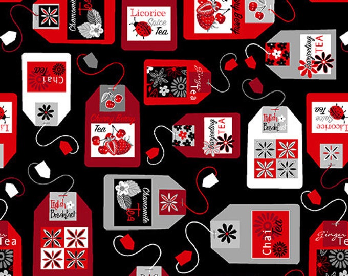 Let's Partea Black Teabags Fabric Yardage, Satin Moon Designs,  Cotton Quilt Fabric