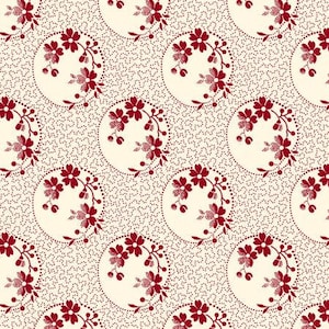 May include: A repeating pattern featuring cream-colored circles with burgundy floral arrangements. The background is a cream color with tiny burgundy dots. The floral design includes flowers, leaves, and berries, creating a delicate and elegant aesthetic.
