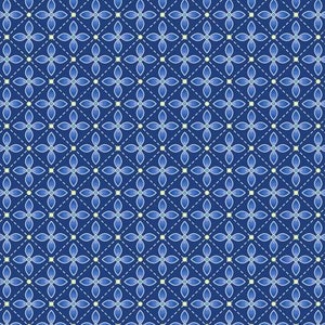 Puede incluir: Un patrón sin costuras que presenta un diseño repetitivo de formas de trébol de cuatro hojas azules con contornos blancos sobre un fondo azul oscuro. Las formas de trébol están dispuestas en un patrón de diamante con pequeños puntos blancos entre ellos.