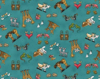 Two by Two Teal Tossed Characters Fabric Yardage, Leeanne Anderson & Kaytlyn Kuebler, Henry Glass, Cotton Quilt Fabric