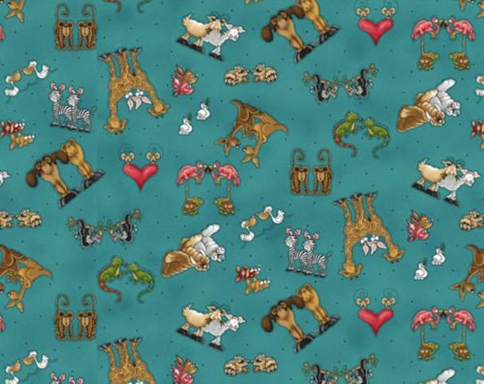 Two by Two Teal Tossed Characters Fabric Yardage, Leeanne Anderson & Kaytlyn Kuebler, Henry Glass, Cotton Quilt Fabric