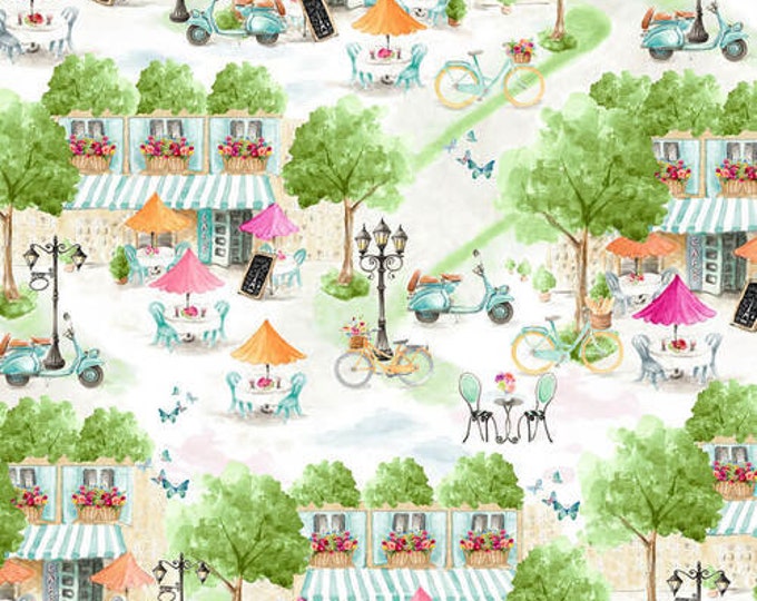 Remnant 1-1/2 Yards Love is in the Air Green Scenic Cafes Fabric Yardage, Lanie Loreth, Blank Quilting, Cotton Quilt Fabric