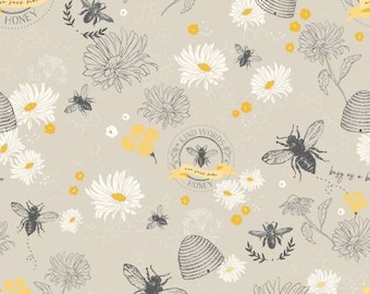 Honey Bee Main Taupe Fabric Yardage, My Mind's Eye Collection, Riley Blake Designs, Cotton Quilt Fabric, Floral Fabric