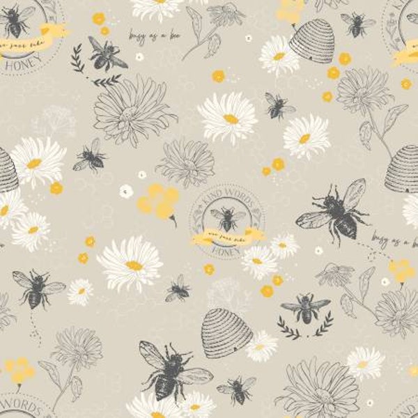 Honey Bee Main Taupe Fabric Yardage, My Mind's Eye Collection, Riley Blake Designs, Cotton Quilt Fabric, Floral Fabric