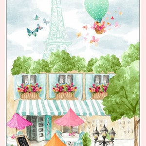 Love is in the Air Light Blue Cafe with Eiffel Tower Panel Fabric Yardage, 24-Inch Panel, Lanie Loreth, Blank Quilting, Cotton Quilt Fabric
