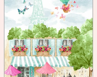 Love is in the Air Light Blue Cafe with Eiffel Tower Panel Fabric Yardage, 24-Inch Panel, Lanie Loreth, Blank Quilting, Cotton Quilt Fabric