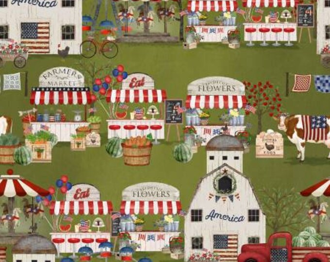 Hometown America Green Market Fabric Yardage, 3 Wishes Fabric, Beth Albert, Cotton Quilt Fabric, Patriotic Fabric