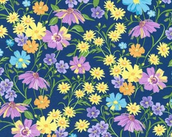 FLH-20288-9 Wildflowers Flowers Navy Fabric Yardage, Debbie Beaves, Robert Kaufman, Cotton Quilt Fabric, Floral Fabric
