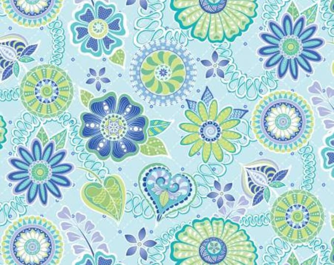 Free Motion Fantasy 2 Celebration Aqua Quilt Fabric, Amanday Murphy, Benartex, Cotton Quilt Fabric, Floral Fabric