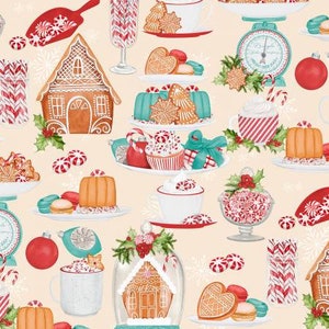 May include: A seamless pattern featuring a variety of Christmas-themed illustrations, including gingerbread houses, candy canes, peppermint sweets, and other festive treats. The background is a light cream colour.