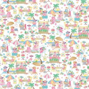 May include: A repeating pattern of pink flamingos with sunglasses, holding drinks and sitting at tables under umbrellas. The background is white with green palm trees and flowers.