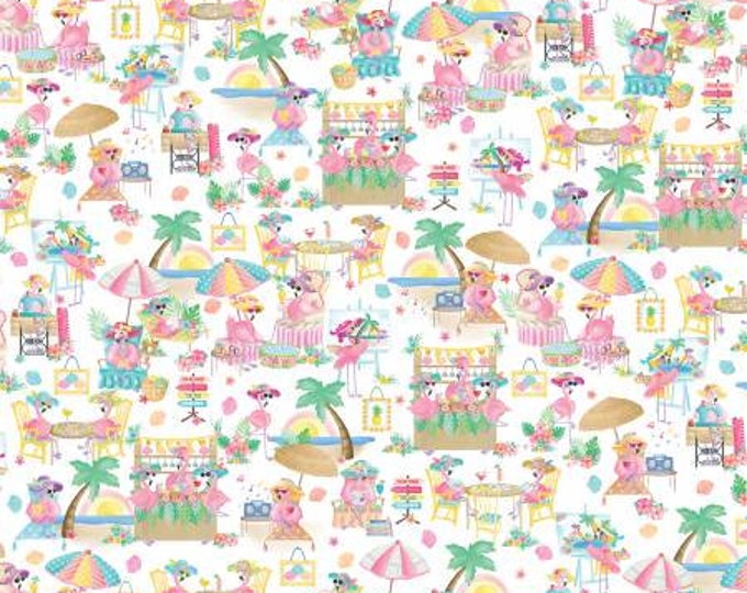 Flamingal Pals Scenic Multi Fabric Yardage, Andi Metz, KANVAS by Benartex, Cotton Quilt Fabric, Flamingo Fabric
