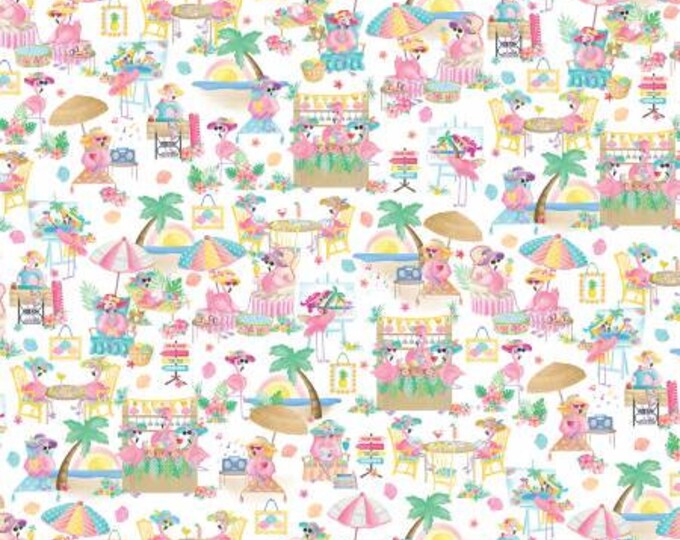 Flamingal Pals Scenic Multi Fabric Yardage, Andi Metz, KANVAS by Benartex, Cotton Quilt Fabric, Flamingo Fabric