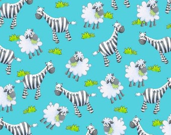 Noah's Story Blue Zebras & Sheep Fabric Yardage, Delphine Cubitt, Henry Glass, Cotton Quilt Fabric, Noah's Ark Fabric