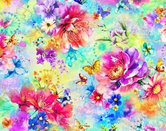 Fantasia Large Floral Aqua Fabric Yardage, Oasis Fabrics, Cotton Quilt Fabric, Floral Fabric