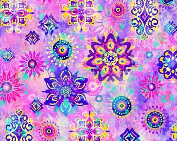 Fantasia Medallions Pink Fabric Yardage, Oasis Fabrics, Cotton Quilt Fabric, Floral Fabric