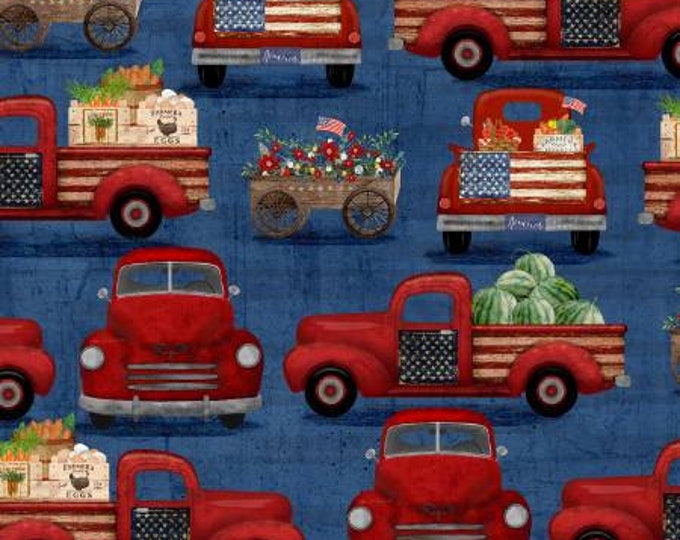 Hometown America Navy Trucks Fabric Yardage, 3 Wishes Fabric, Beth Albert, Cotton Quilt Fabric, Patriotic Fabric