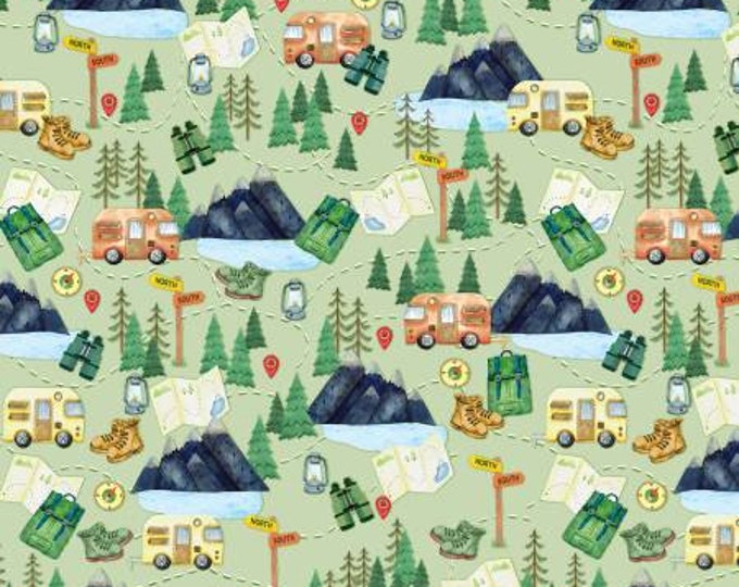 Live Love Camp Green Camping Adventure Fabric Yardage, Nicole DeCamp, KANVAS by Benartex, Cotton Quilt Fabric, Camp Fabric