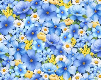 Bee Kind Navy Medium Blue Packed Floral Fabric Yardage, Timeless Treasures, Cotton Quilt Fabric, Floral Fabric