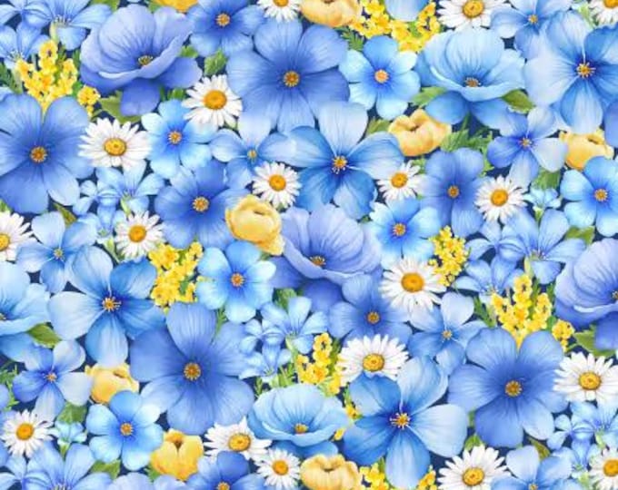 Bee Kind Navy Medium Blue Packed Floral Fabric Yardage, Timeless Treasures, Cotton Quilt Fabric, Floral Fabric