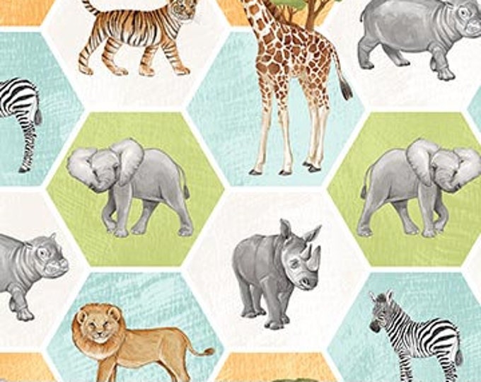 Baby Safari Big Hexi Animals White Fabric Yardage, Deborah Edwards, Northcott Fabrics, Cotton Quilt Fabric