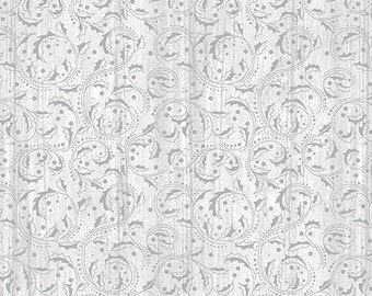 Festive Chickadees Washed Scroll Light Grey Fabric Yardage, Jackie Robinson,  Benartex, Cotton Quilt Fabric
